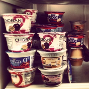 My refrigerator full of Greek yogurt